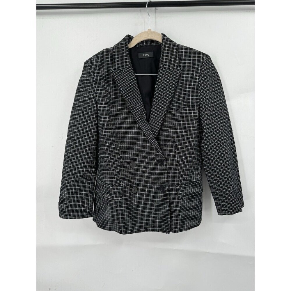 Theory Blazer Women 4 Black Grid Plaid Stretch Double Breasted NEW Formal Cotton